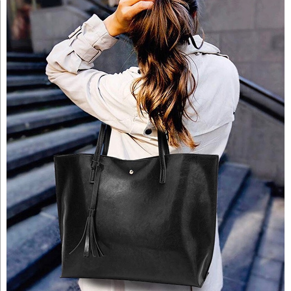 Black Women's Soft Leather Tote Shoulder Bag